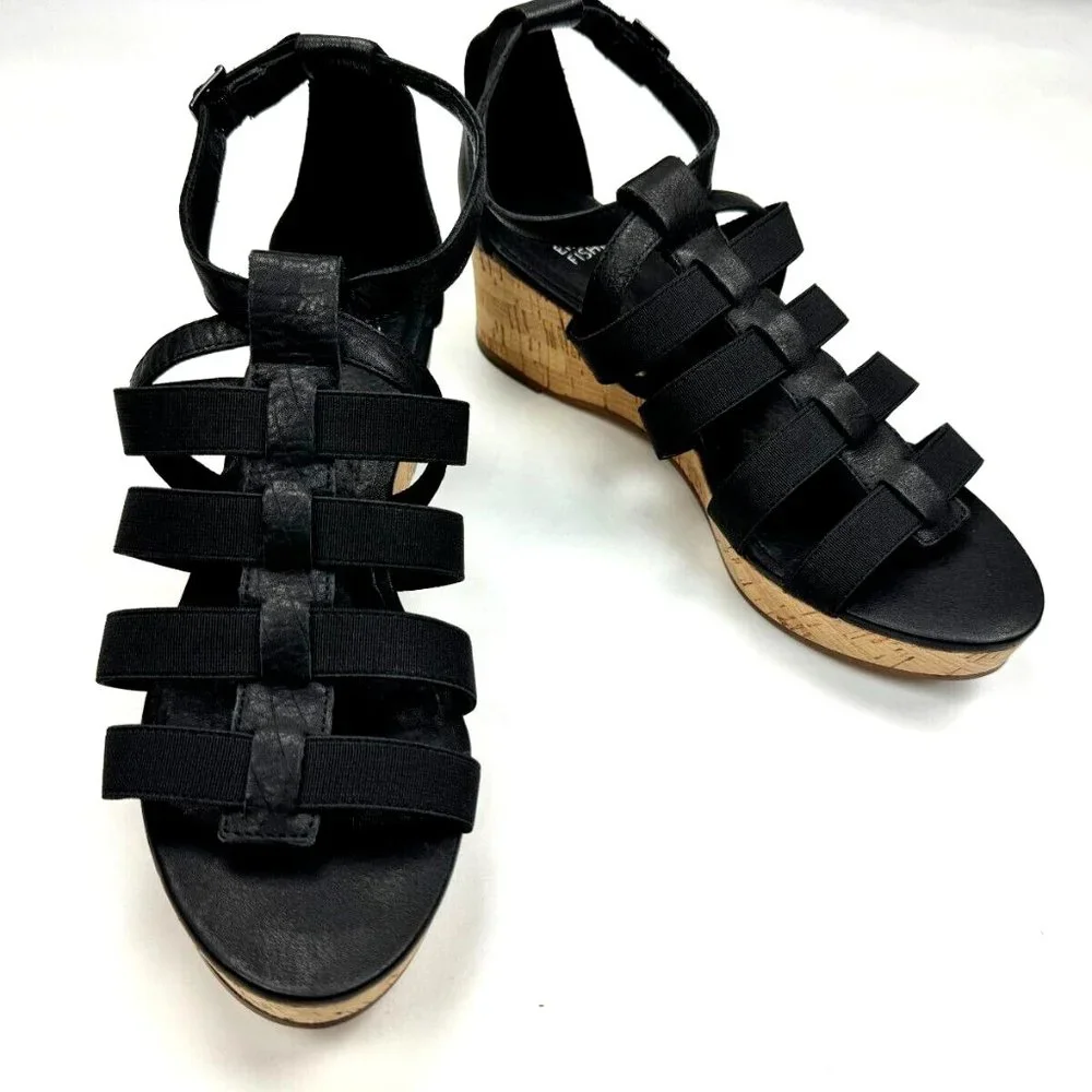 Eileen Fisher Leather Gladiator Wedge Sandals Women 9 NWOB Fisherman Platform
